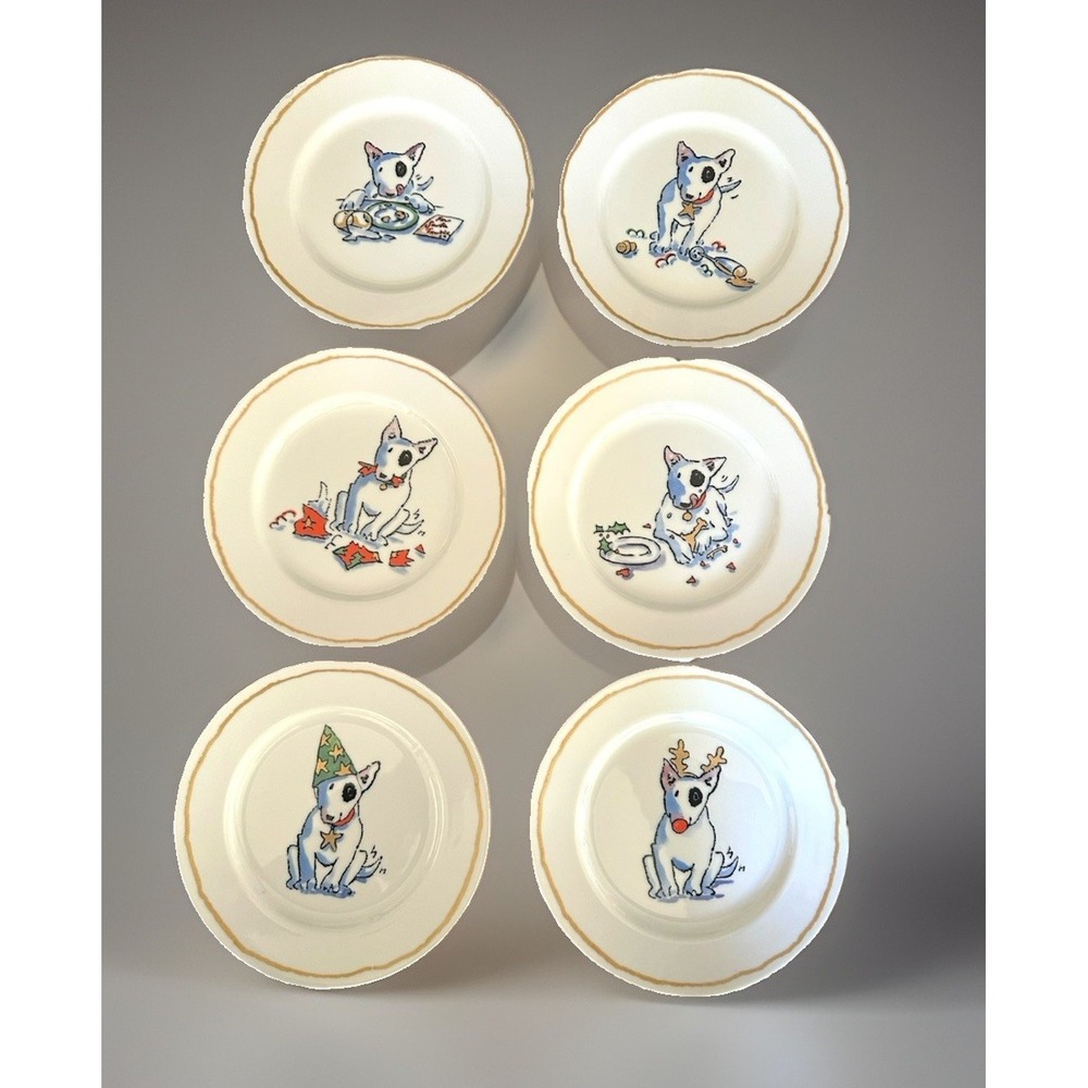 Williams Sonoma Trouble! Bull Terrier 6 Plates 8" Brand New In Box Christmas EUC